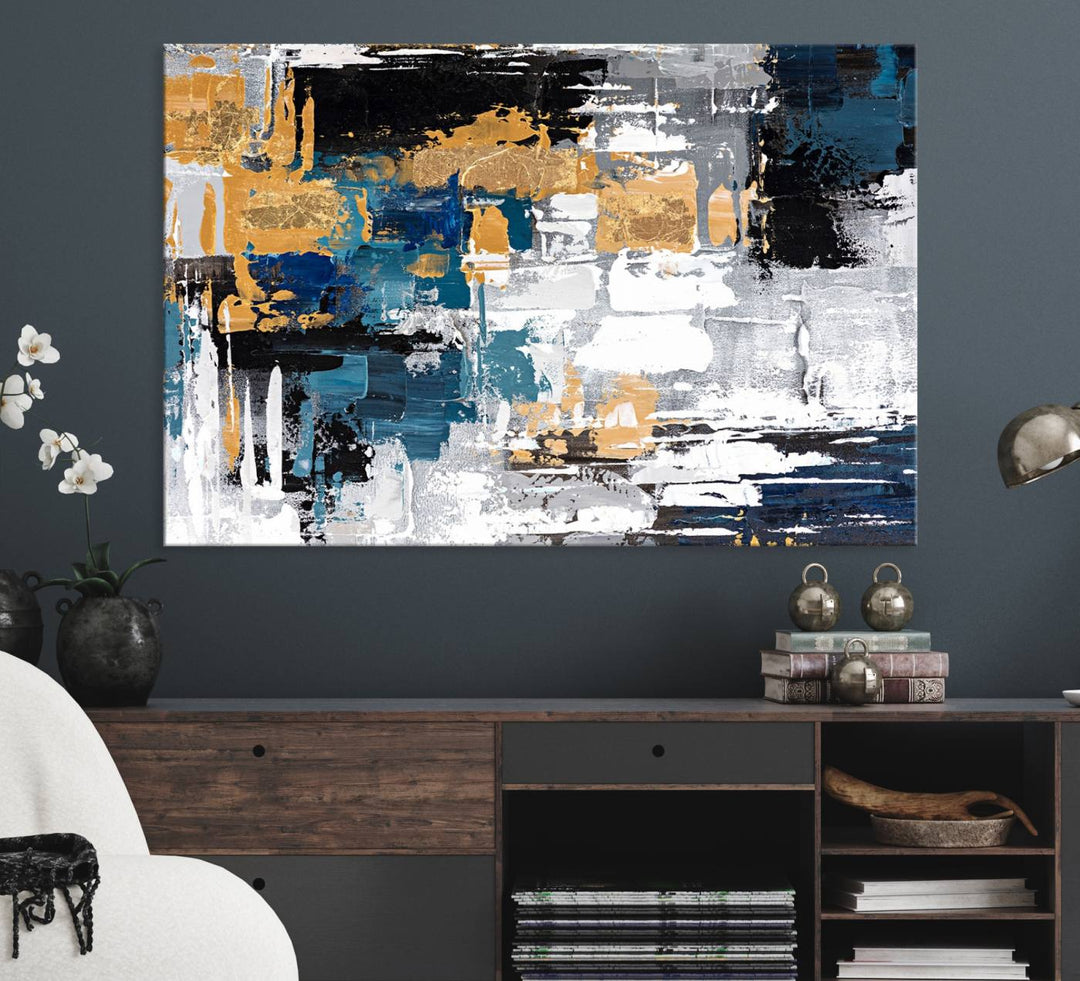 Blue and Gold Abstract Canvas Wall Art hangs prominently.