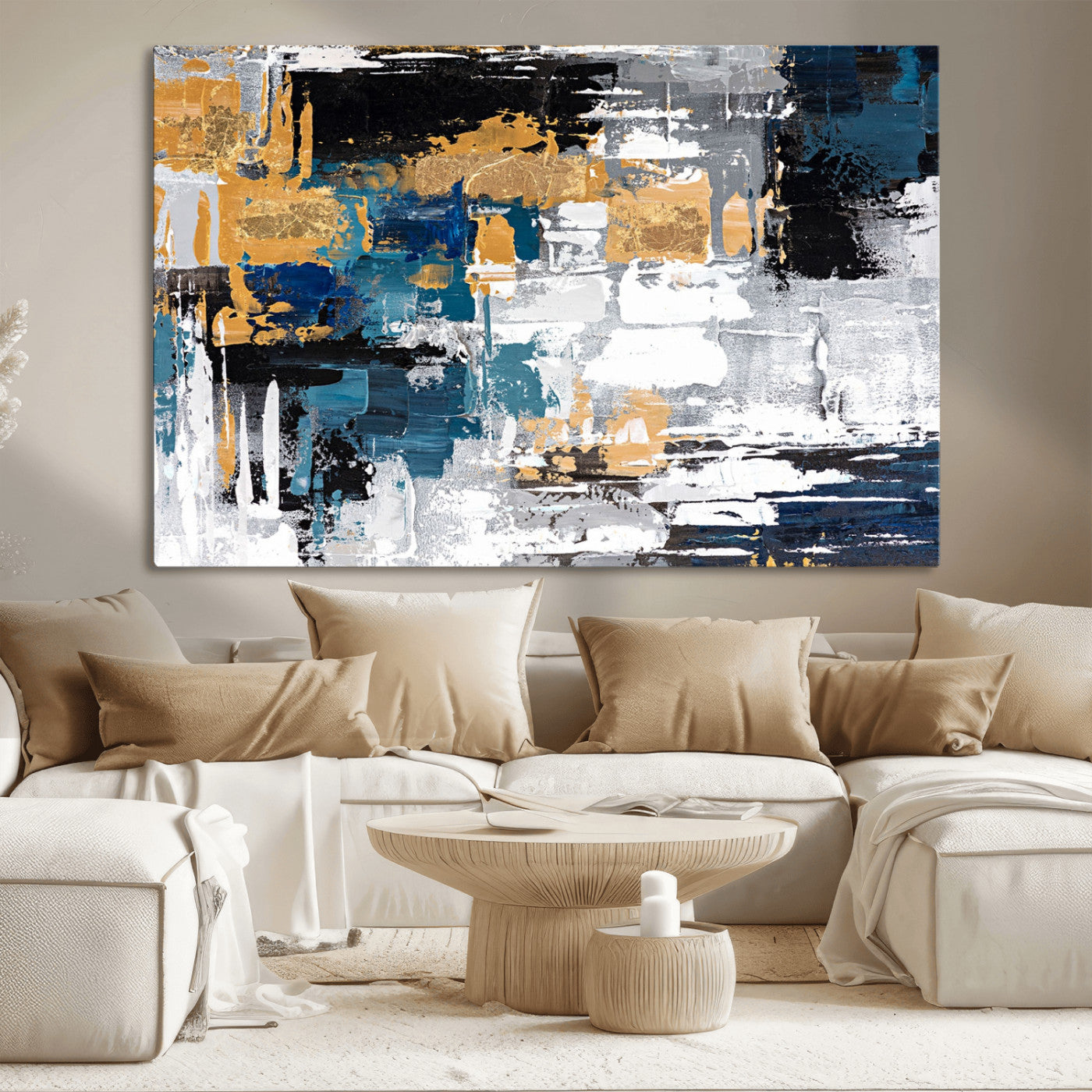 57708-MGV-CV-36X24-Blue and Gold Abstract Canvas Wall Art – Triptych Modern Painting for Living Room – Framed and Ready to Hang