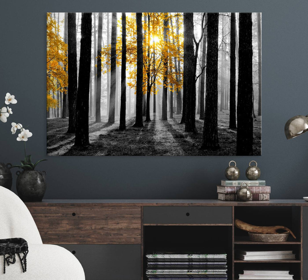 Nature Misty Foggy Autumn Forest Wall Art Print displayed above a modern dining room.