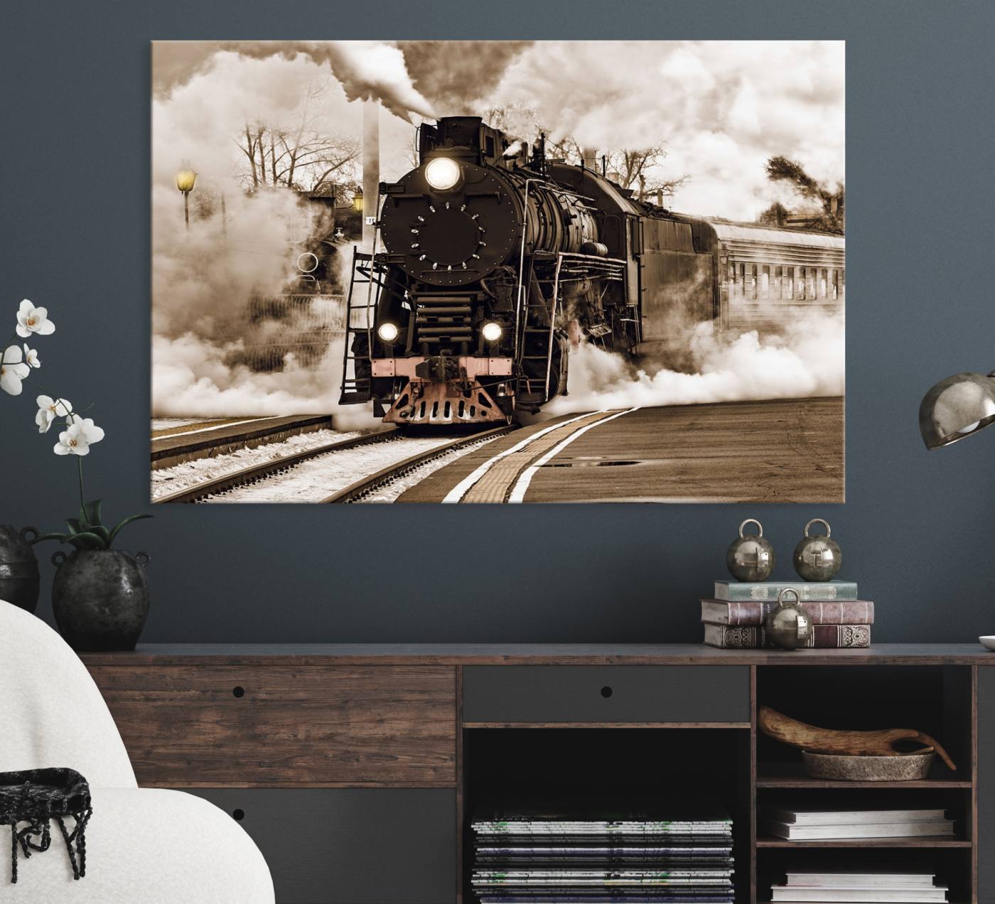 31136-MGV-CV-36X24-Black Steam Train Canvas Wall Art Print Steam Locomotive Art Canvas