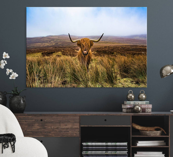 A Scottish Highland Cow art print canvas with UV-protection adorns the wall, preserving vivid details.