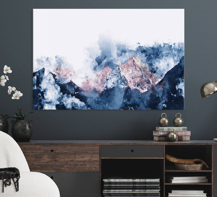 A modern kitchen showcases an Abstract Watercolor Mountain Landscape Art Canvas Print.