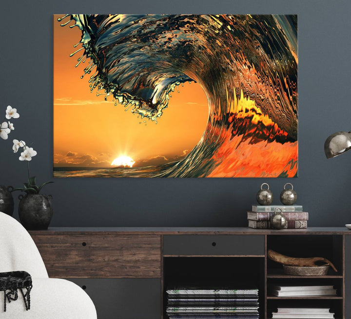 The Ocean Wave With Perfect Sunset canvas wall art adds a striking focal point to the room.