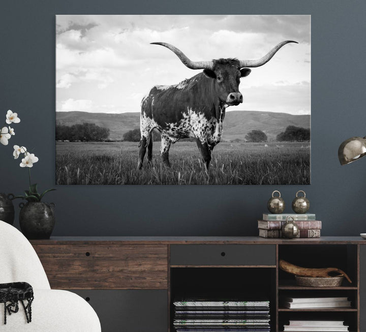 A Black and White Longhorn Texas Cow Canvas Wall Art.