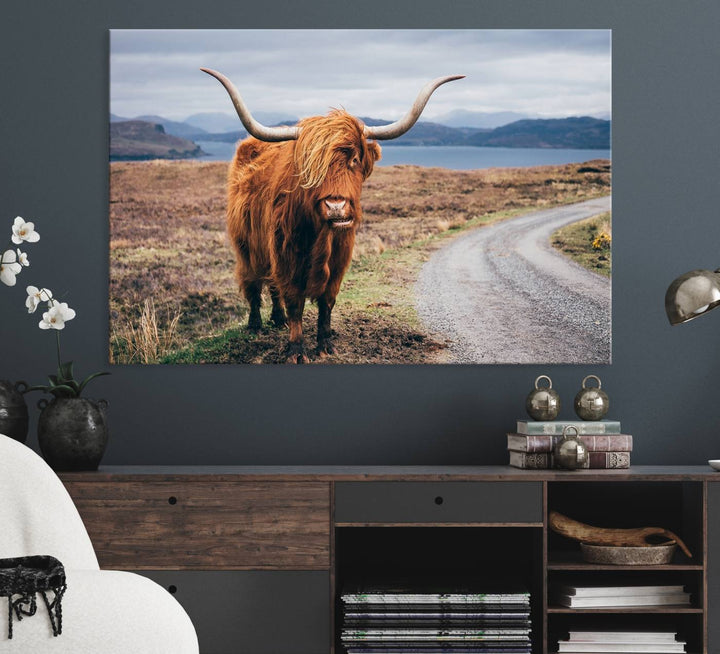 The Longhorn Highland Cow Canvas Wall Art is prominently displayed.