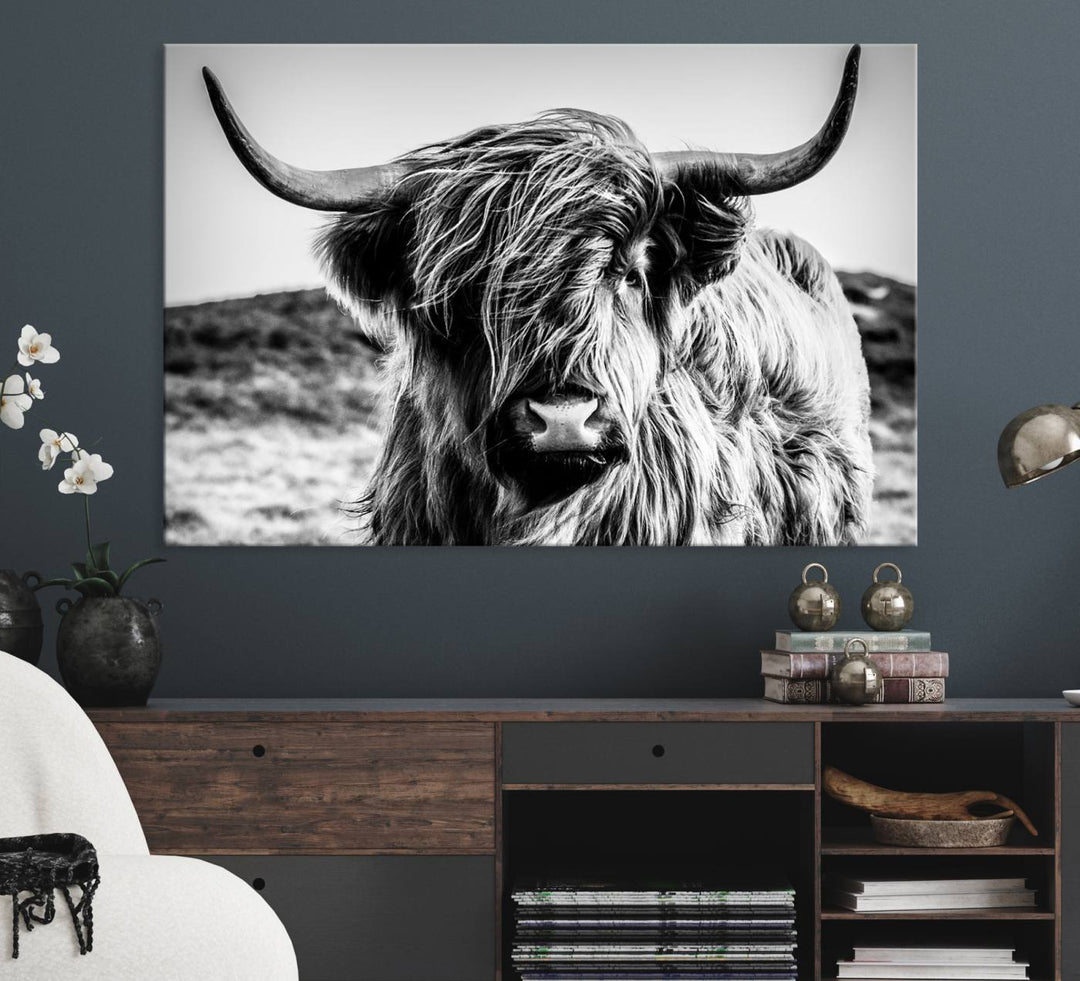 A Black and White Scottish Cow Canvas Print adorns the kitchen wall, perfect for farmhouse decor.