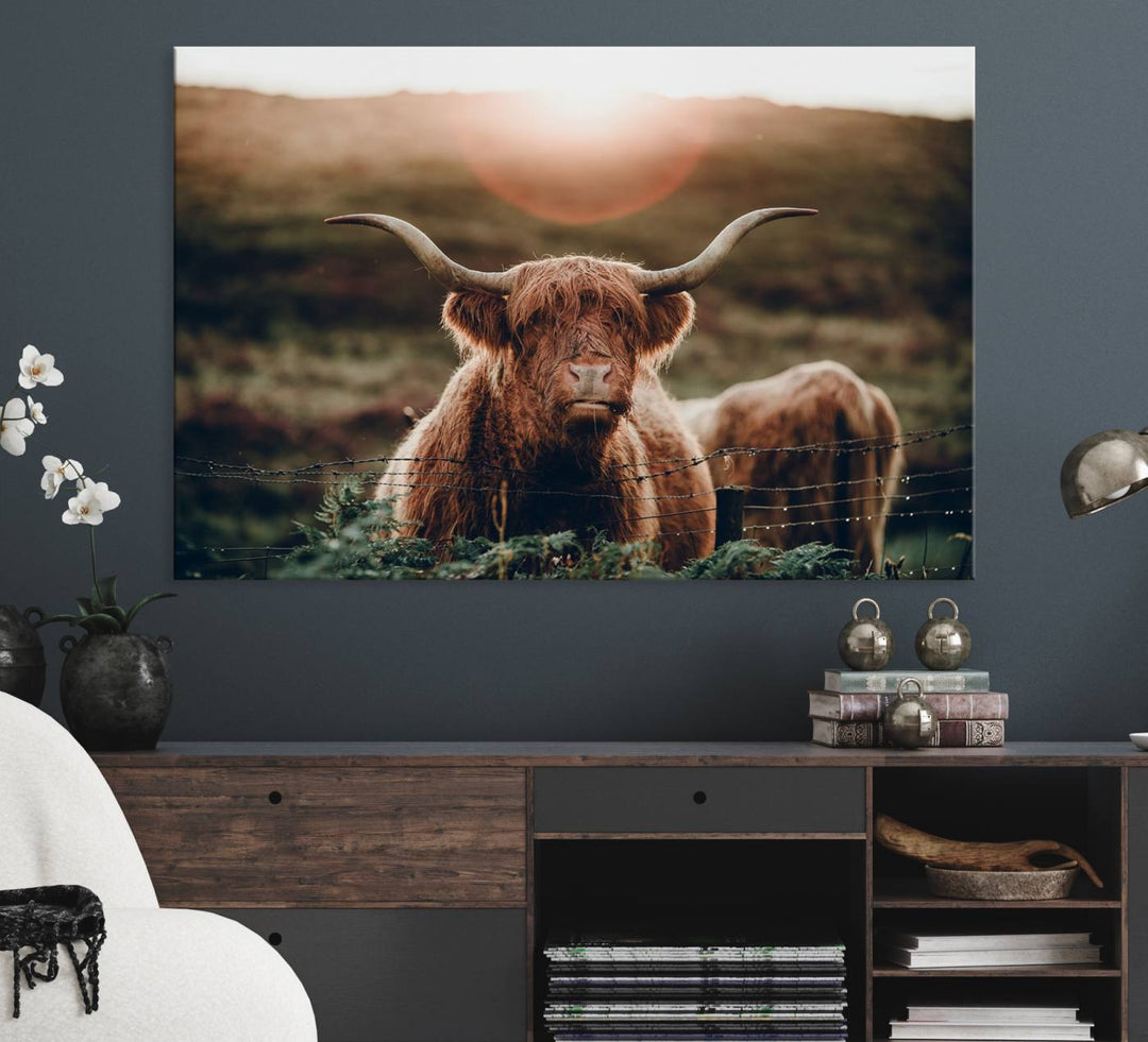 A Highland Cow Animal Canvas Wall Art, featuring a grassy field, is displayed on the wall.