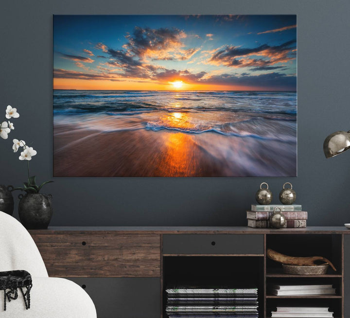 A museum-quality Beautiful Sunset over the Horizon canvas adorns the living room wall.