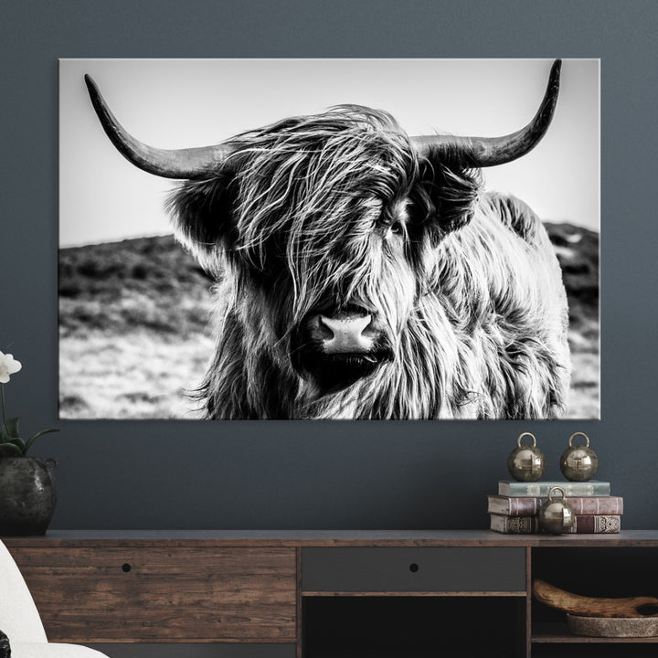 Highland Cow Wall Art | 3-Panel Black and White Highland Cow Canvas Print for Western Farmhouse Decor