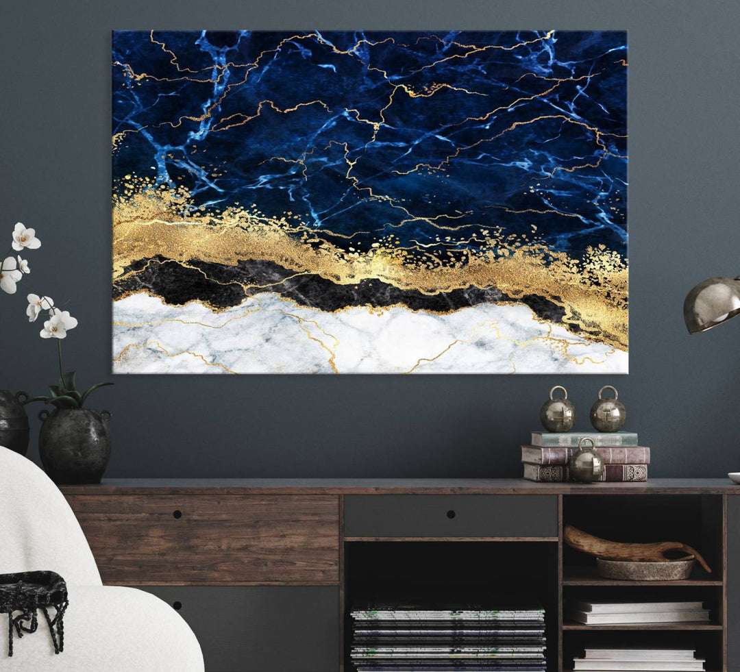 Navy Blue Marble Fluid Effect Canvas Wall Art, featuring a gold and white abstract design, adds a finishing touch to your modern kitchen decor.