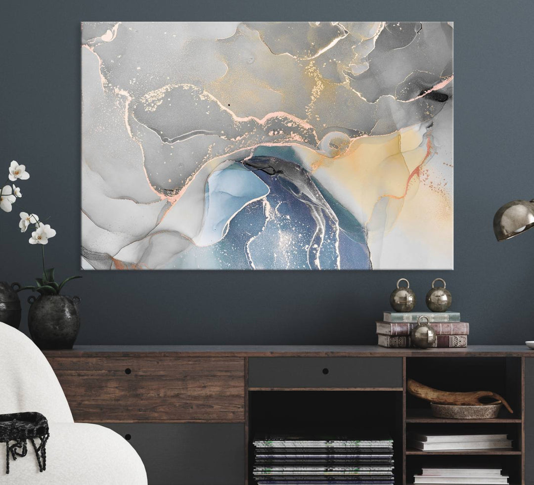 Gray Marble Fluid Effect Abstract Canvas with swirls of gray, gold, and blue.