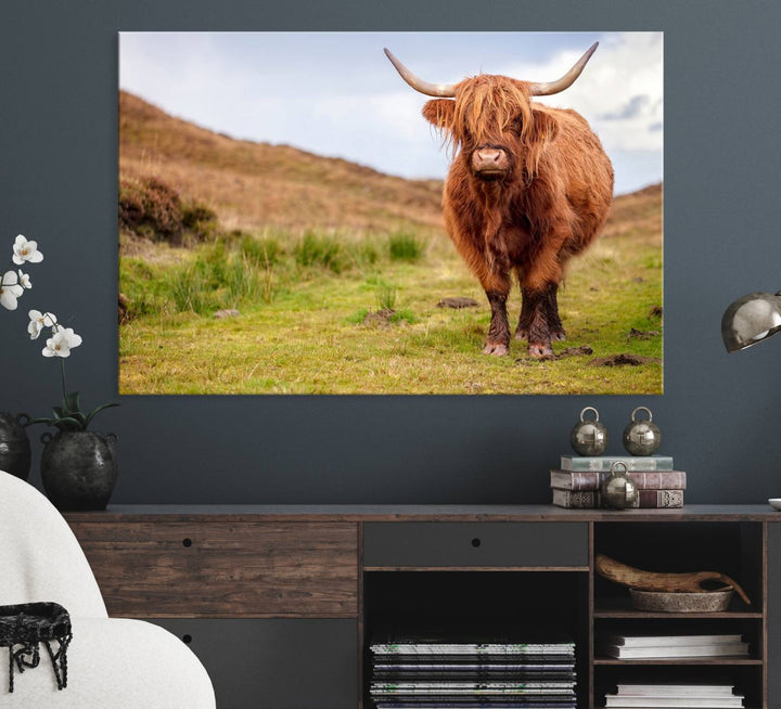 A Highland Cow Animal Canvas Wall Art hangs on the wall, adding warmth to the room.