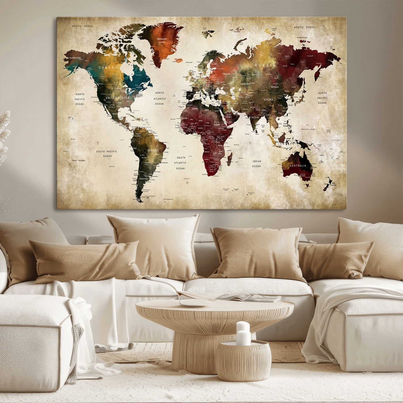 MGV-CV-36X24 - Large World Map Wall Art Canvas Print, Framed Push Pin Map Art Picture Print, Abstract Traveller Map Perfect Modern Decor Artwork