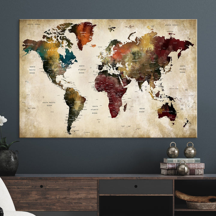 Large World Map Wall Art Canvas Print, Push Pin Map Print, Framed Abstract Traveller Map Art Print, Large Watercolor World Map Printing Perfect for Modern Decor