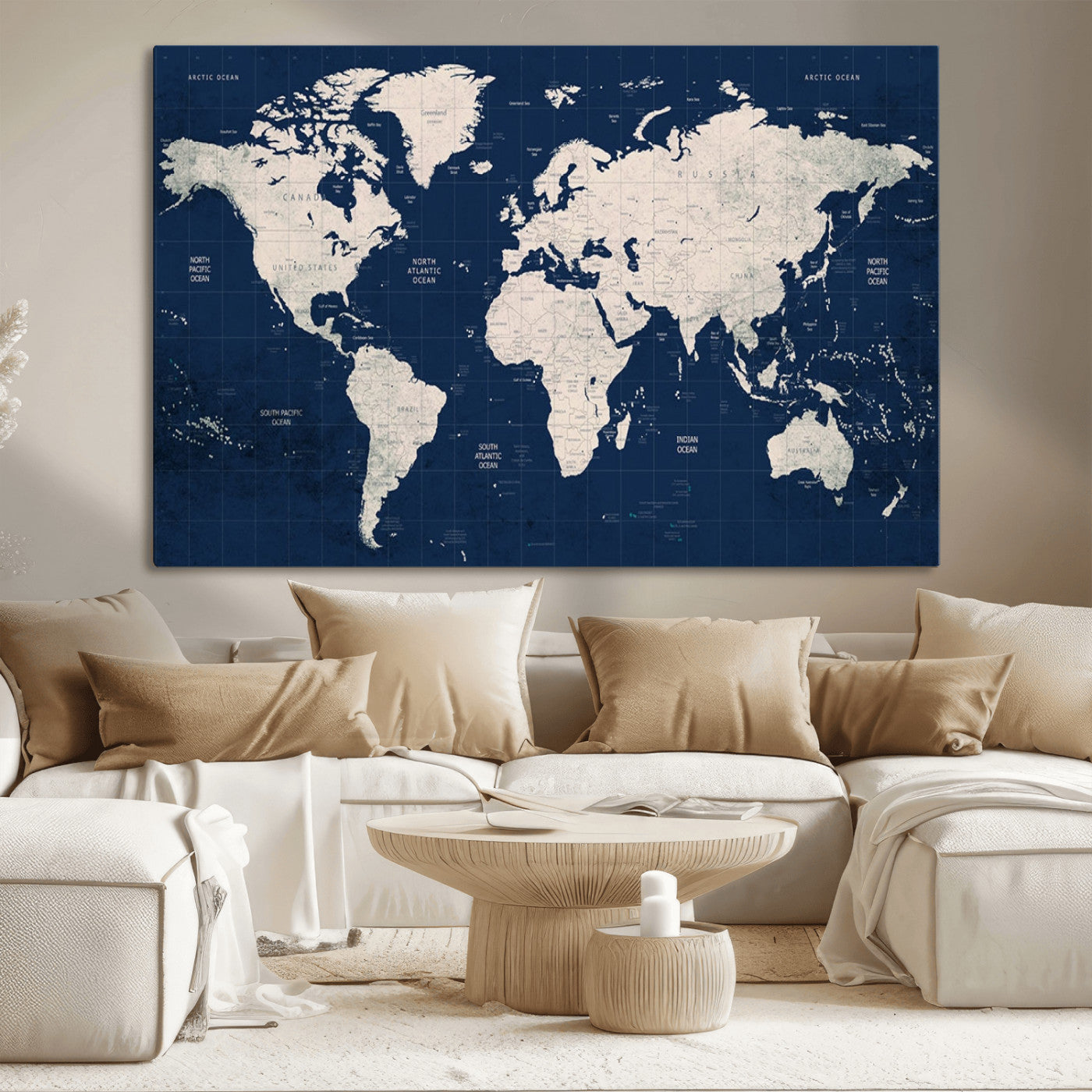 17866-MGV-CV-36X24-Push Pin World Map Canvas Print – Framed Wall Art for Couples to Track Their Travels – Anniversary