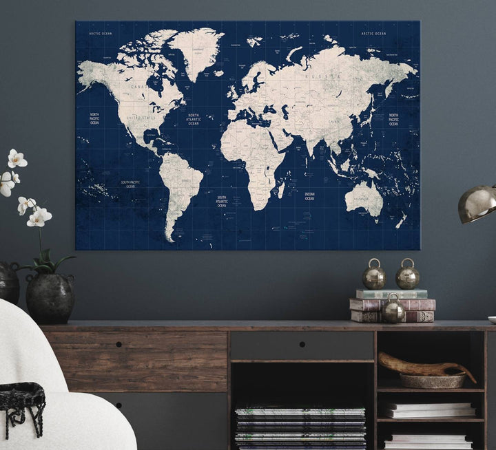 Large modern world map wall art canvas print in beige and navy; showcases a 3-panel vintage map design and is ready to hang.