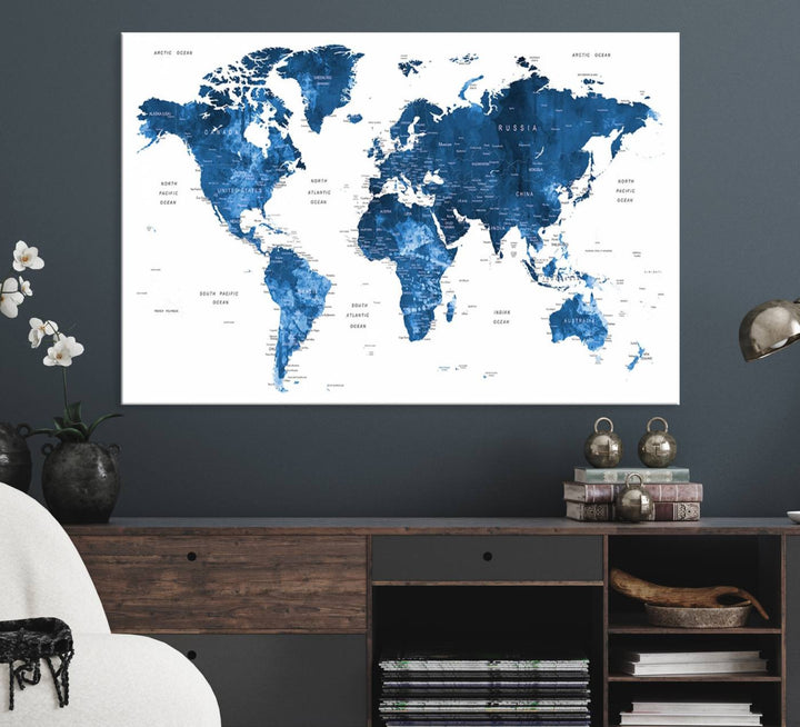 Navy Blue Wall Art World Map Canvas Print, an ideal piece for anyone seeking unique home or office decor.