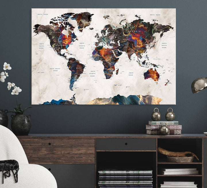 Watercolor World Map Canvas Print in earthy hues with a grunge background, ideal for wall decor.