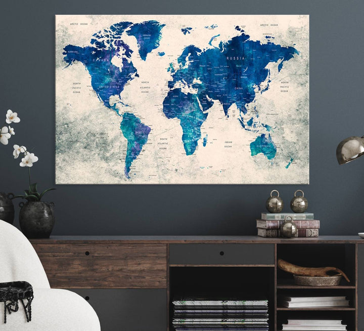 Navy Blue Push Pin World Map Canvas Print featuring a grunge-stained background, with labeled countries and oceans.