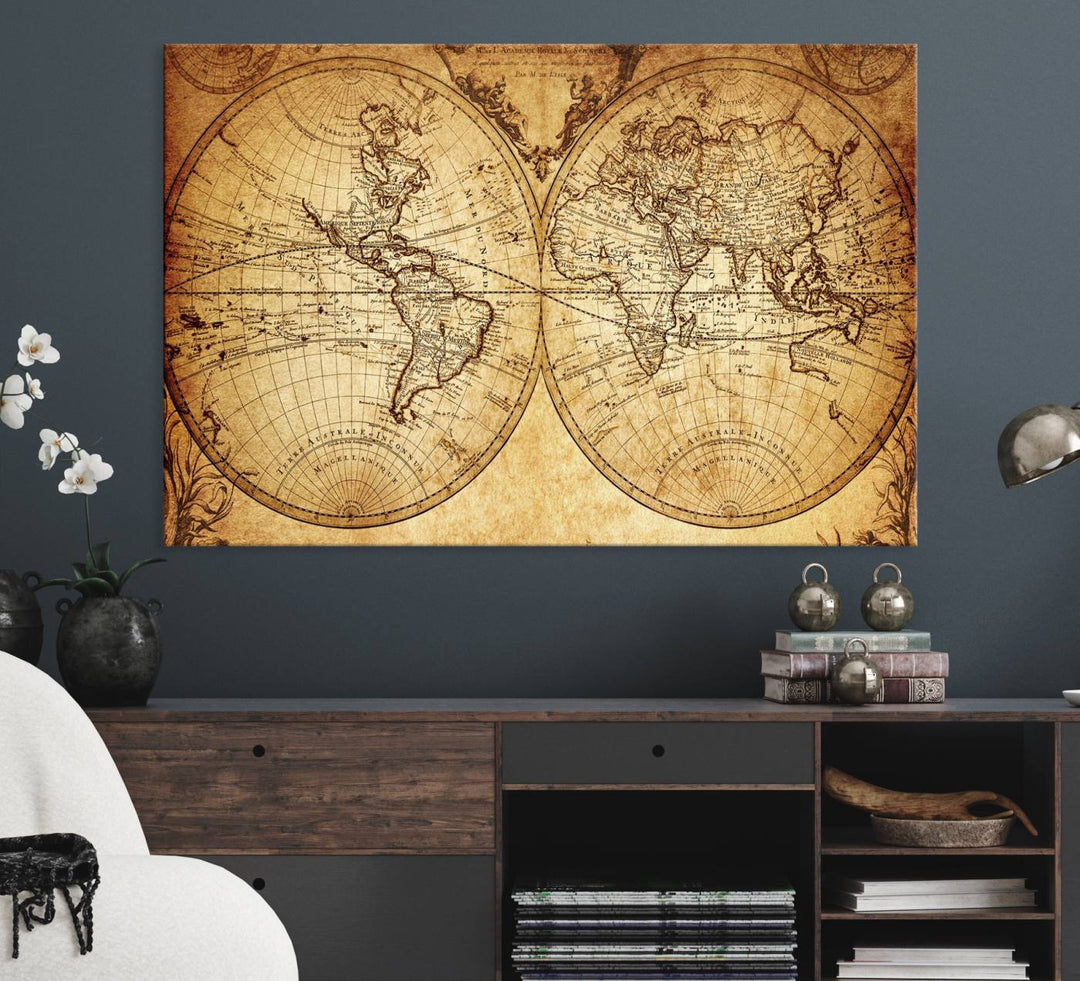 Vintage World Map Wall Art | 3-Panel Canvas Print for Living Room, Office, or Study | Giclee Canvas with Antique Design