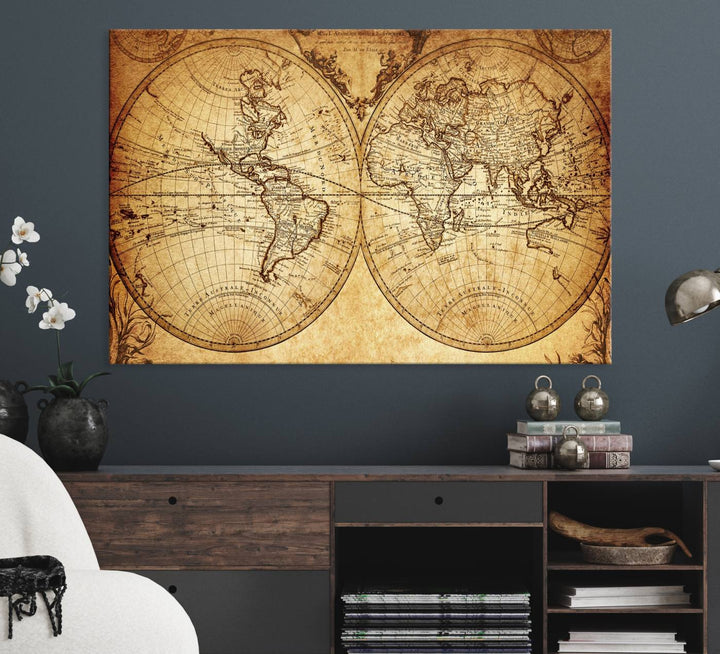Vintage World Map Wall Art | 3-Panel Canvas Print for Living Room, Office, or Study | Giclee Canvas with Antique Design