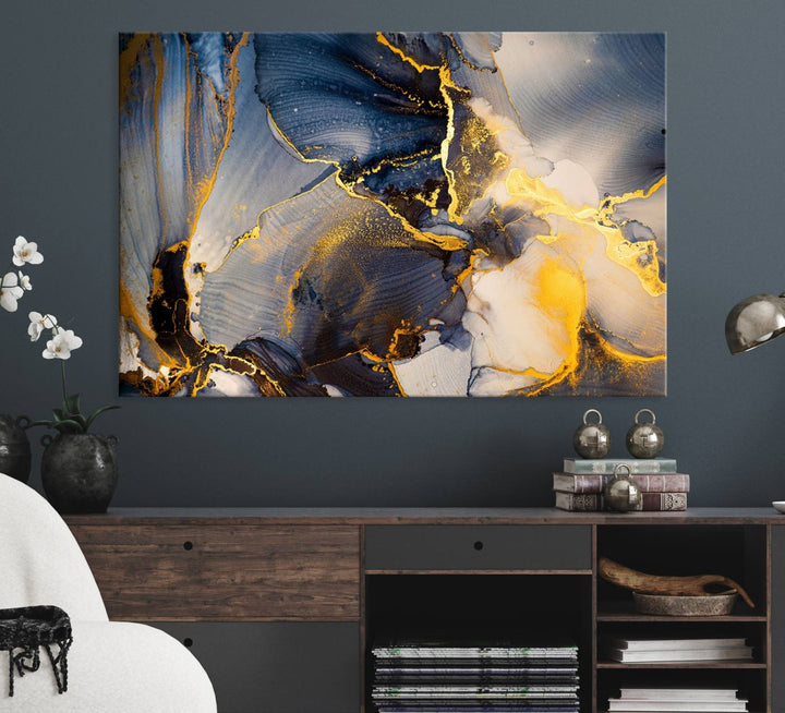 Large Abstract Wall Art Print - Gold and Blue Abstract Canvas Wall Art | Fluid Ink Modern Luxury Wall Decor for Living Room Decor