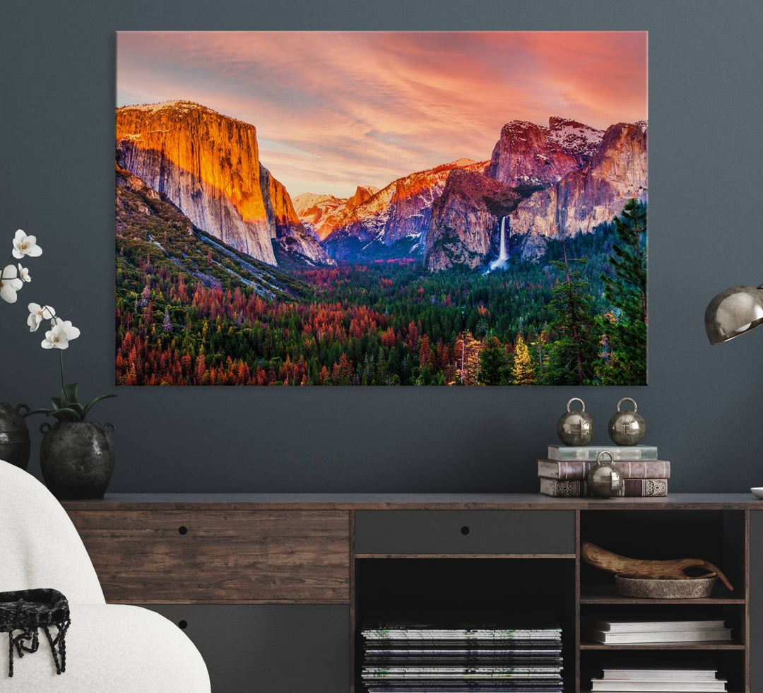 An El Capitan Yosemite Canvas showcasing a sunset over a mountain valley.