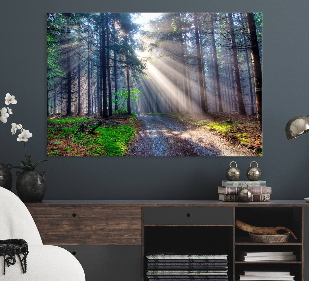 The dining area features a 3-panel Forest Path Canvas showcasing sun rays filtering through a misty forest.