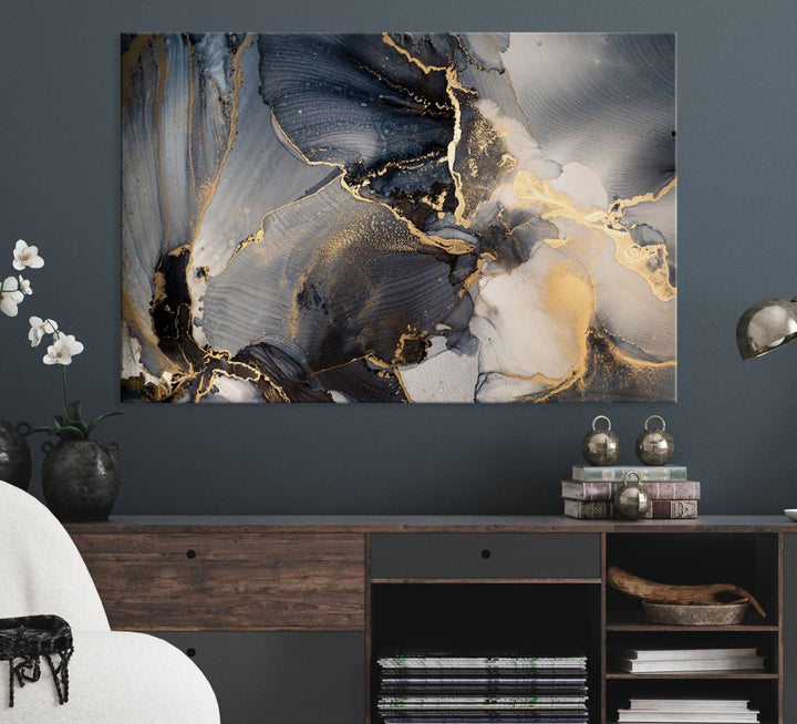 A Modern Marble Fluid Effect Abstract Wall Art with black, white, and gold swirls hangs in a modern kitchen.