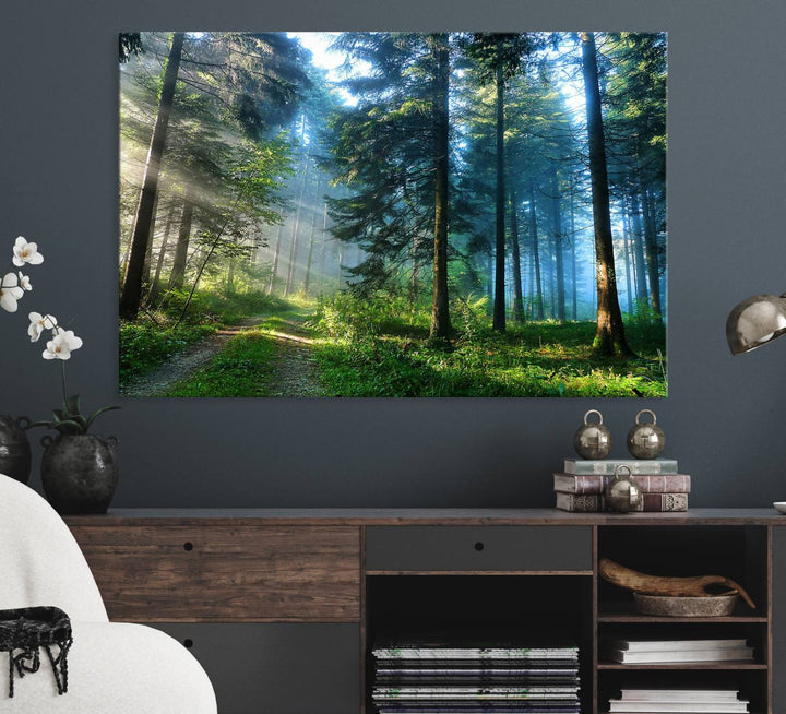 Enhancing the space is the Forest Sun Shine wall art canvas print, showcasing a serene forest scene.