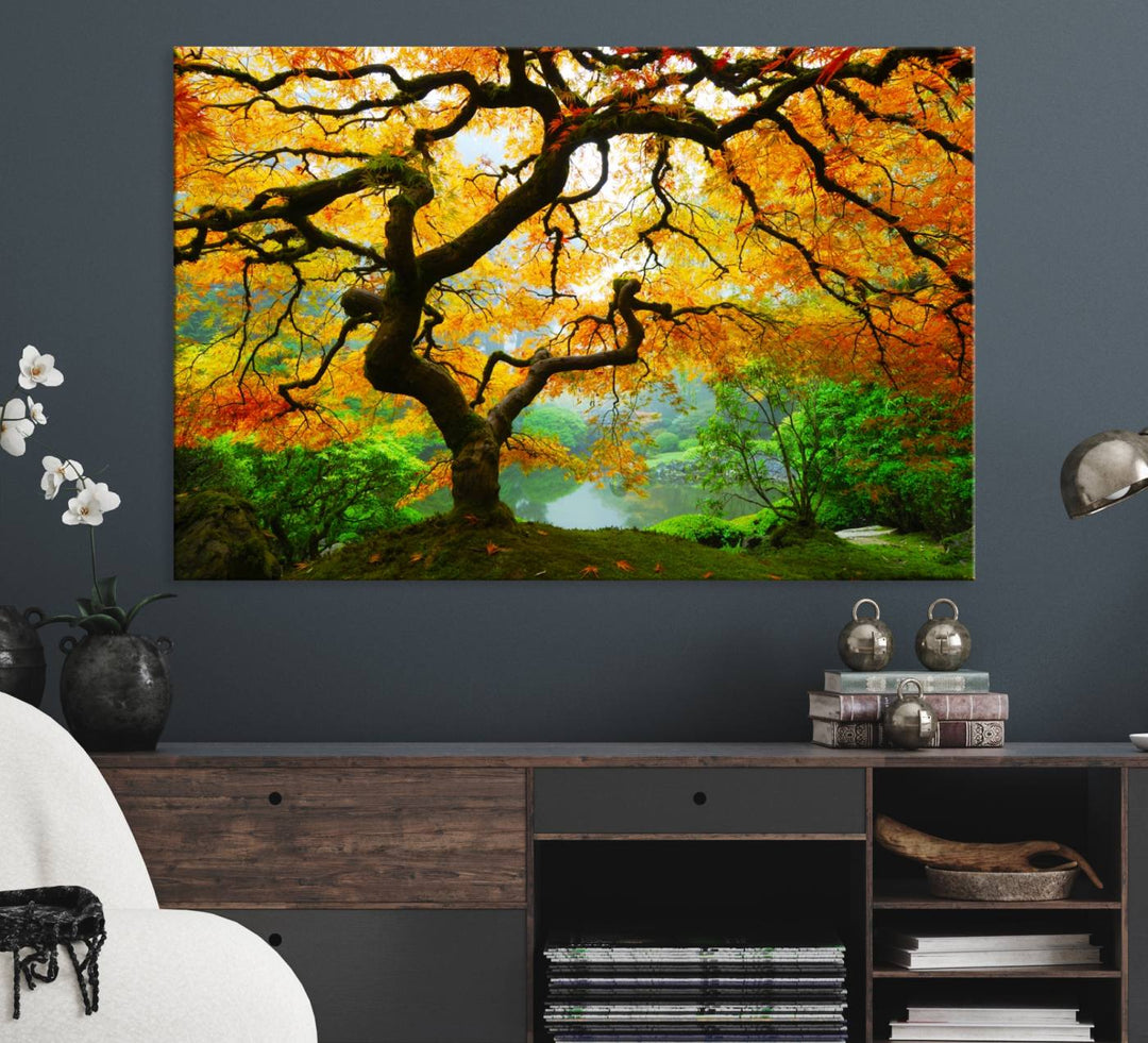 The Portland Japanese Maple Tree Canvas adds elegance to a modern living room.