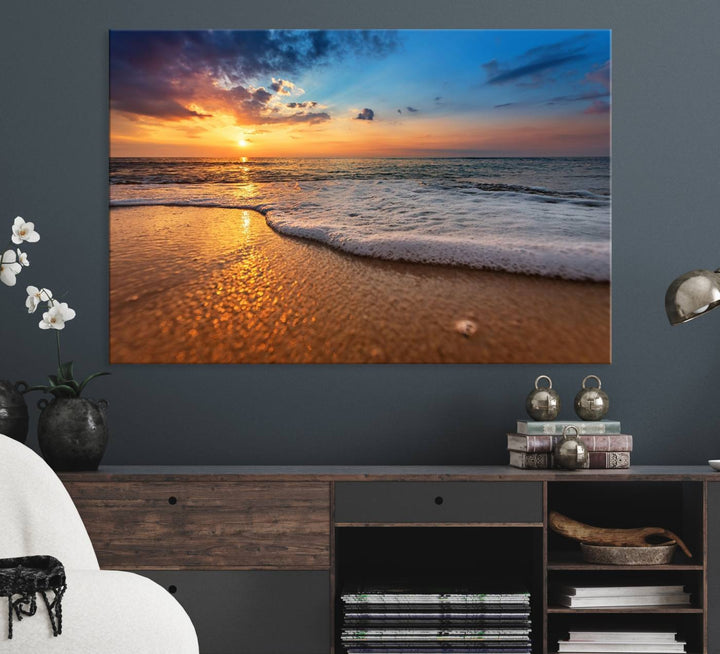 The Golden Sunset Beach Waves Triptych adds a modern coastal touch with its stunning seascape.