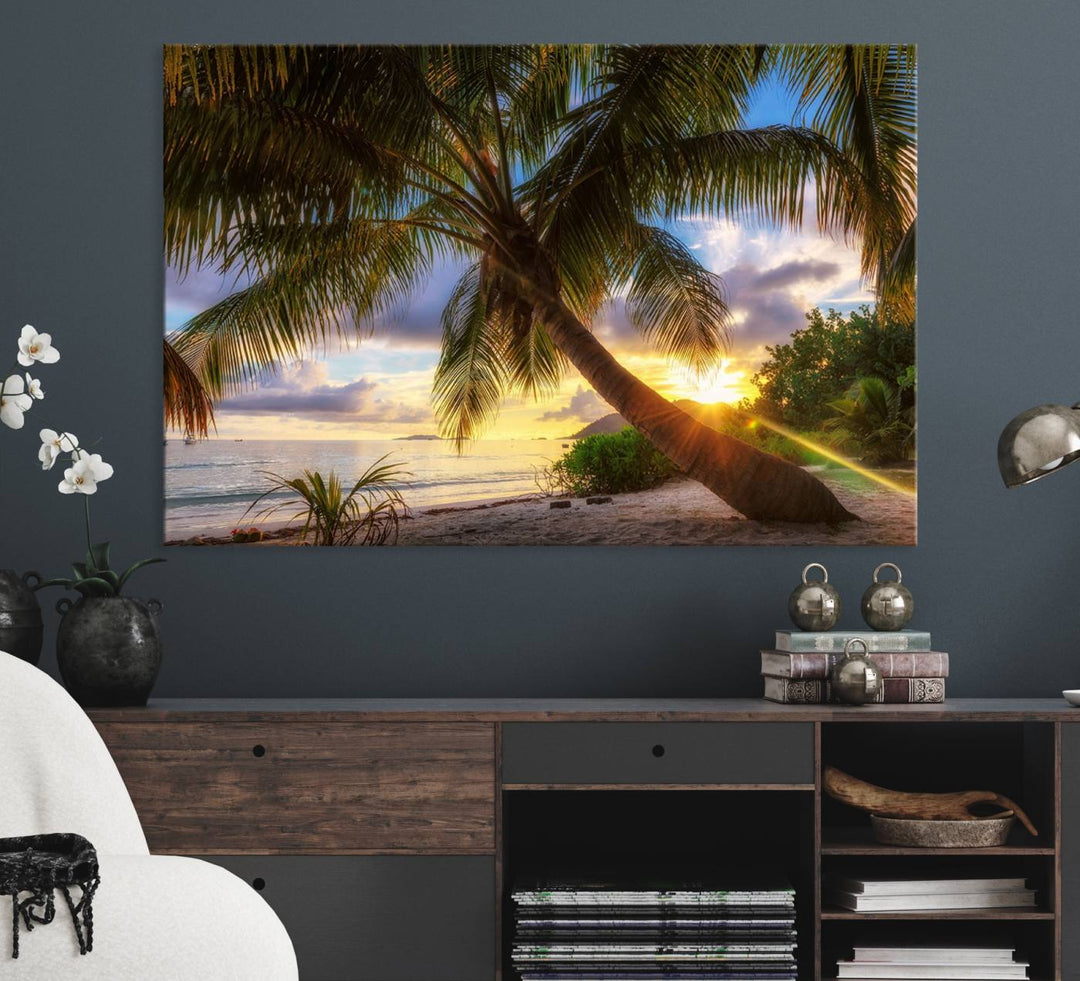 A Coastal Sunset Palm Tree canvas print hangs prominently.