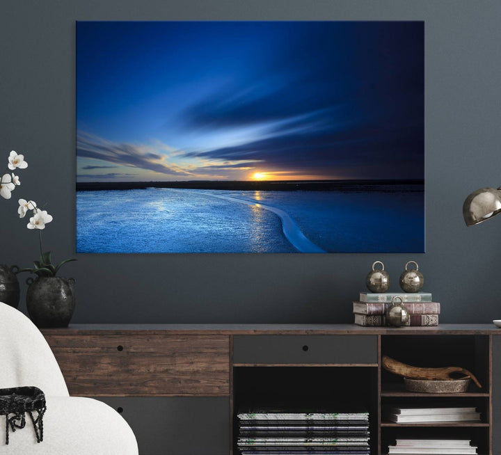 Modern decor: Deep Blue Ocean Sunset Triptych for a serene coastal vibe.