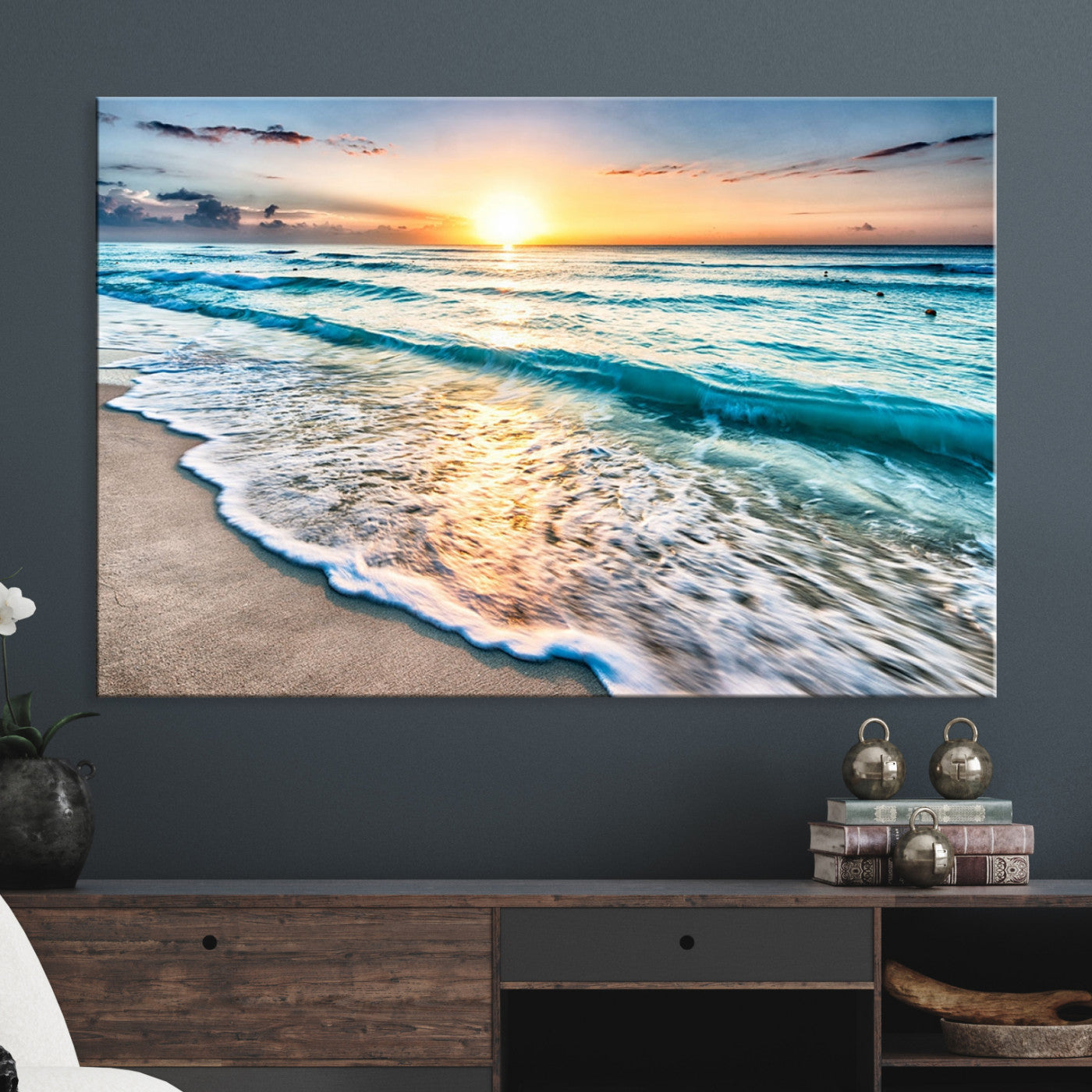 27815-MGV-CV-36X24-Sunset Beach Waves Canvas Wall Art – 5-Panel Ocean Sunset Print – Coastal Decor for Living Room or Bedroom – Ready to Hang