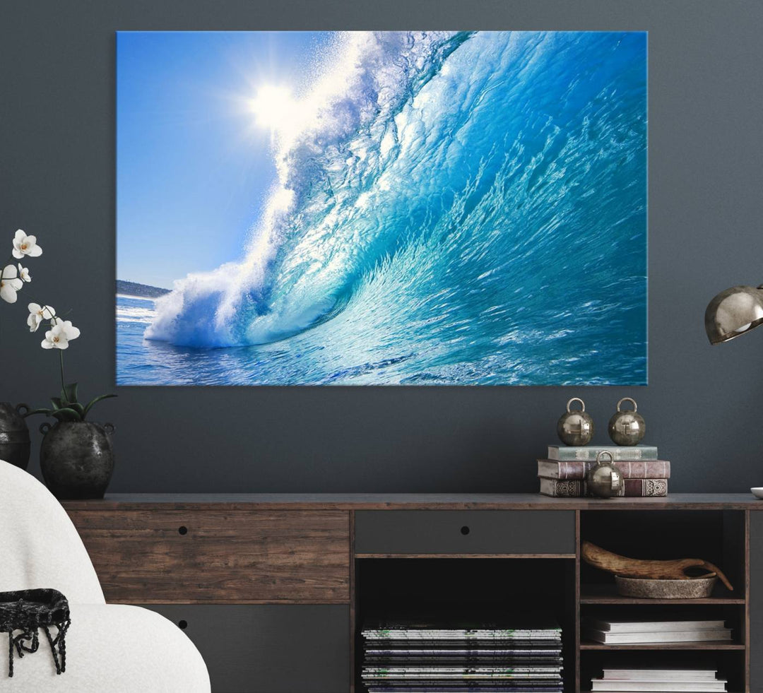 The Blue Big Wave Surfing Ocean Canvas adds a coastal vibe to a wooden wall.