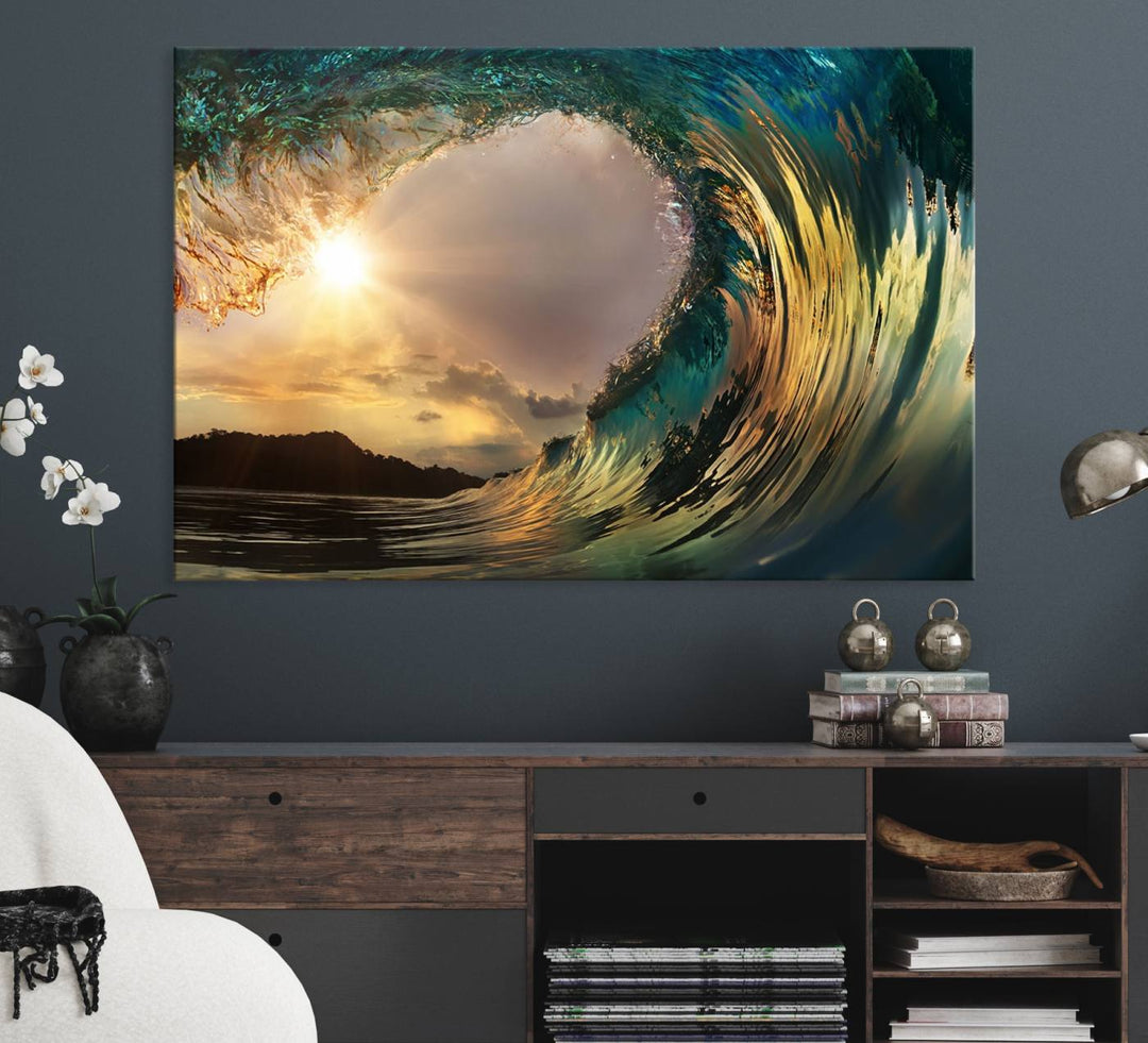 A Golden Wave Sunset Giclee hangs above, showcasing colorful ocean wave art.