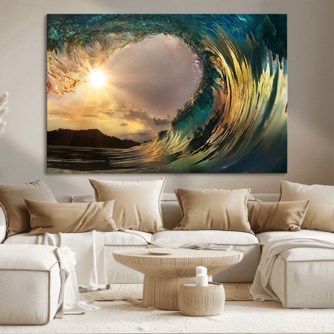 MGV-CV-36X24 - Golden Wave Sunset Giclee Canvas Print – Large Coastal Wall Art for Nature Lovers, Captivating Ocean Wave Decor