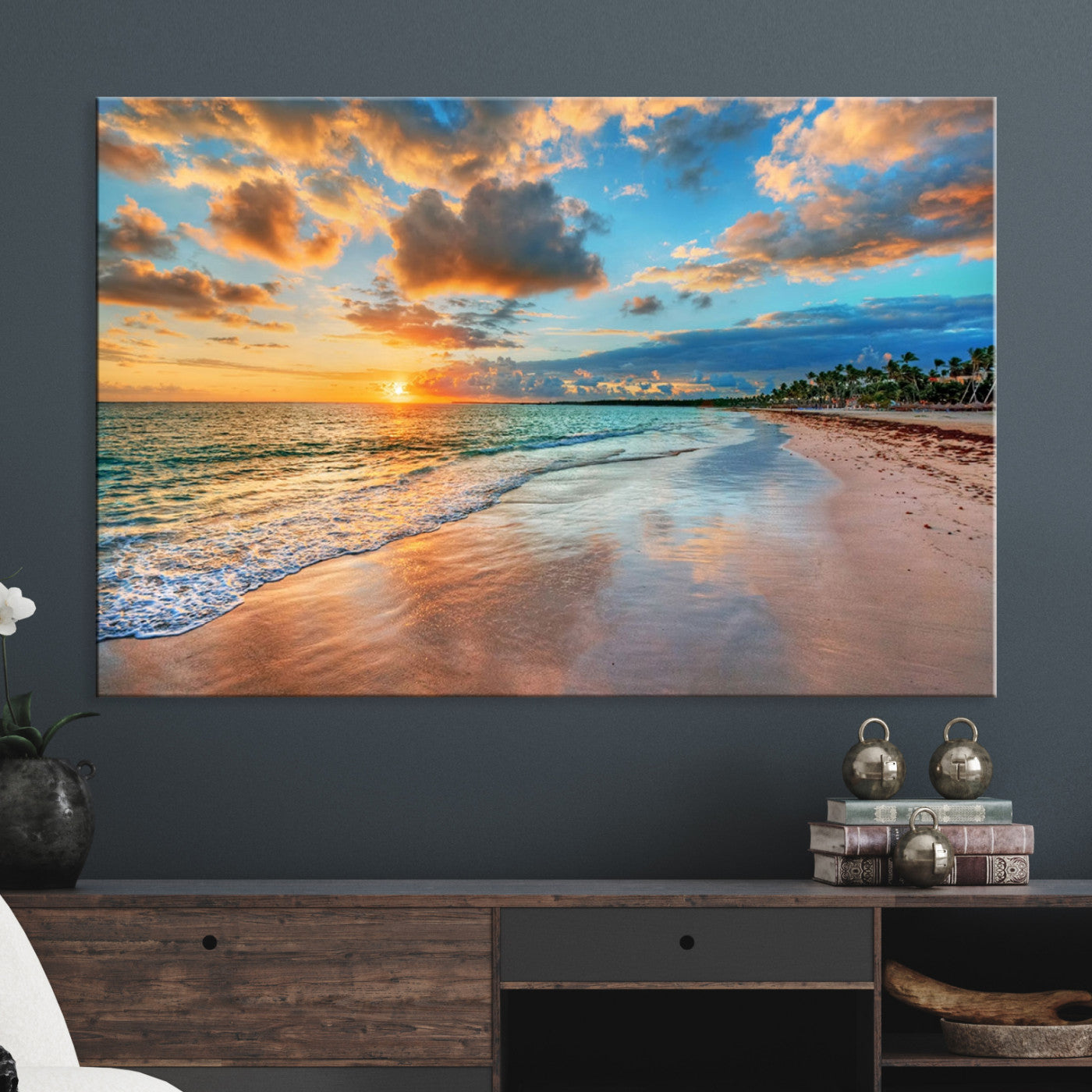 41572-MGV-CV-36X24-Sunset Beach Canvas Wall Art – Tropical Triptych Seascape Print – Coastal Ocean Decor for Living Room or Bedroom – Ready to Hang