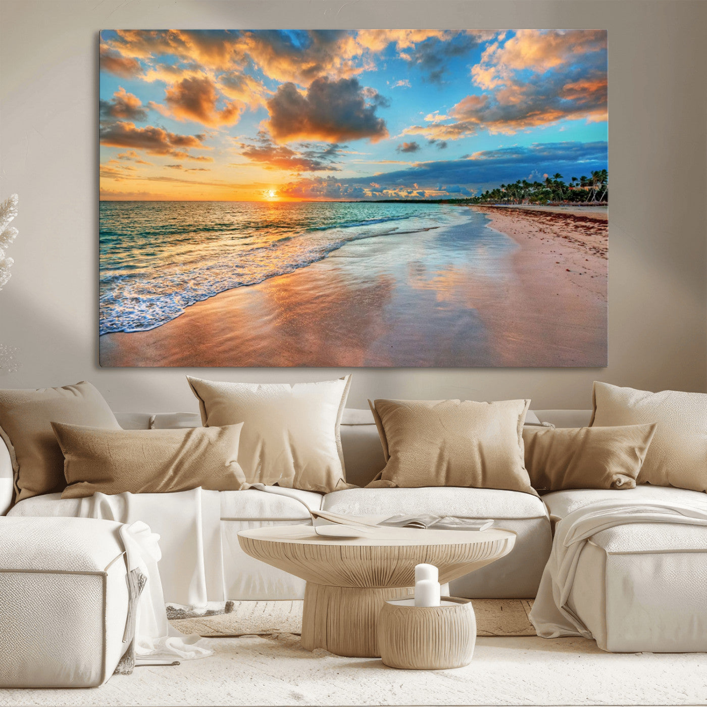 MGV-CV-36X24 - Sunset Ocean Waves on Tropical Beach, 3-Panel Giclee Canvas Art for Coastal Home Decor, Vibrant Palm-Lined Shore