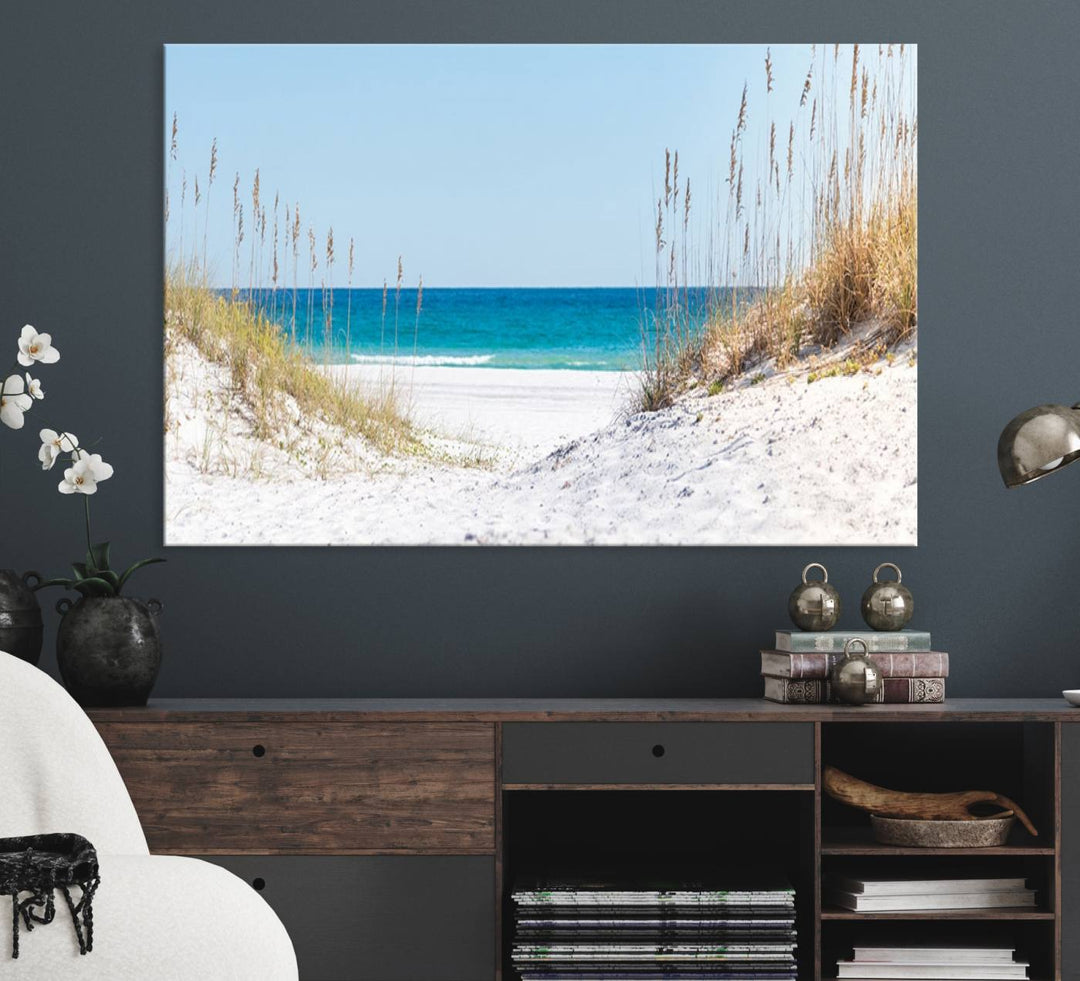 Serene Coastal Dune Path with Ocean View, 3-Panel Beach Canvas Art; tranquil seascape for coastal decor.