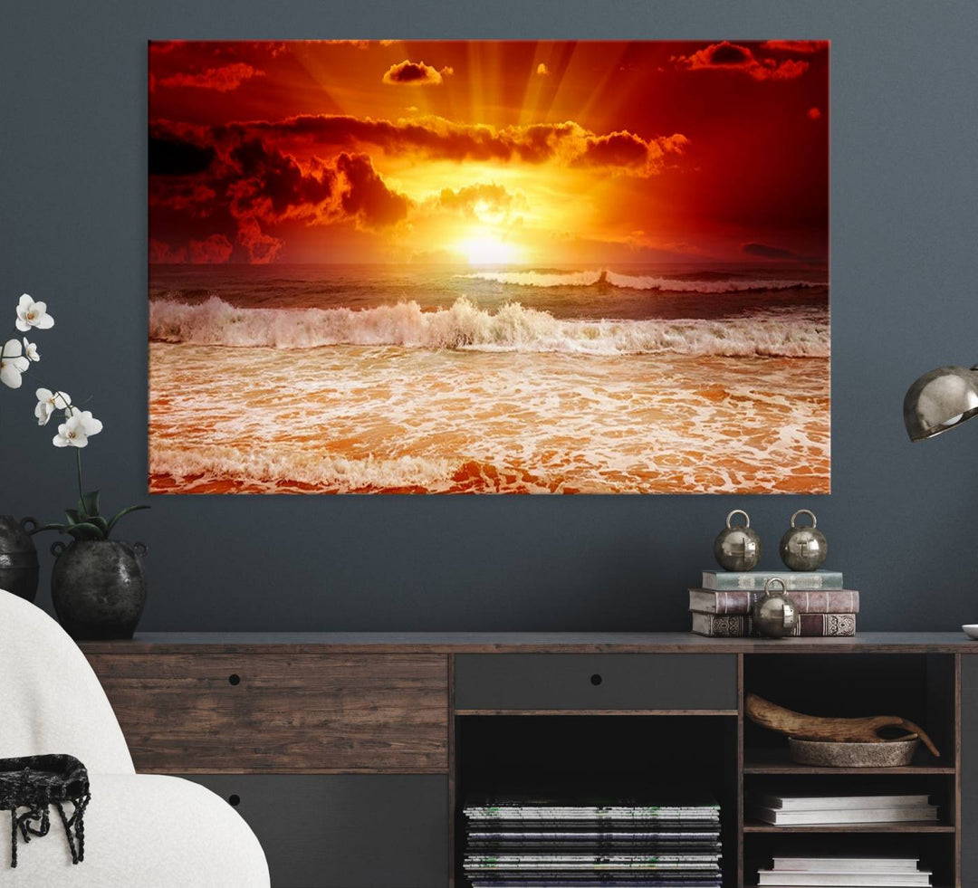 The Red Sunset Ocean Beach Canvas depicts ocean waves.