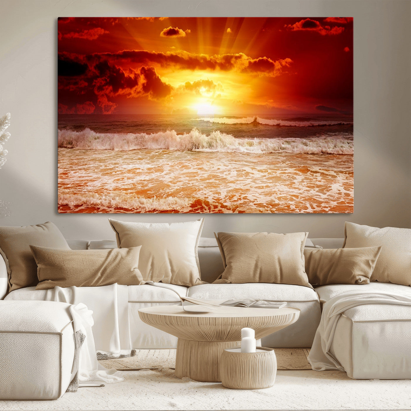 MGV-CV-36X24 - Red Sunset Ocean Beach Canvas Wall Art Beach Canvas, Coastal Sunset Print