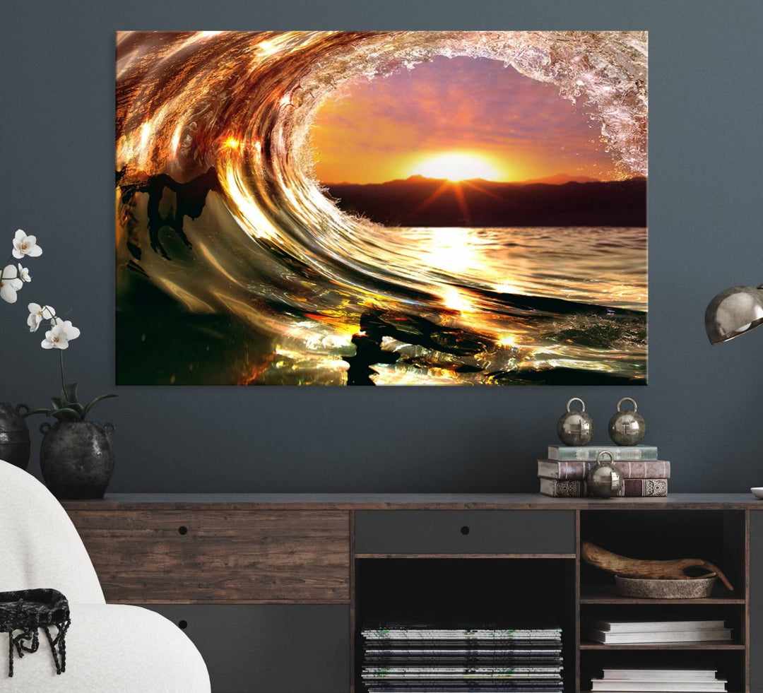 The Golden Wave Sunset Triptych Canvas Art showcases an ocean wave at sunset, casting warm light.