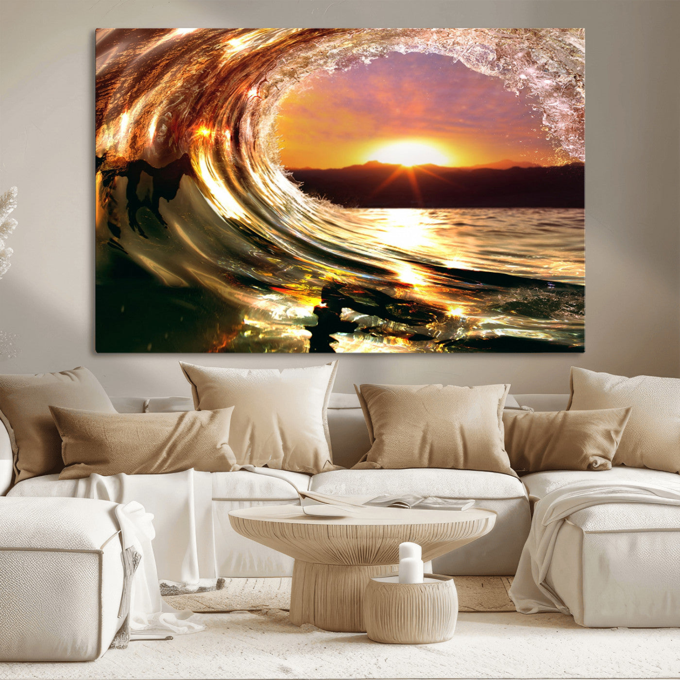 MGV-CV-36X24 - Golden Wave Sunset Triptych Canvas Art, Giclee Canvas Print of Ocean Wave and Sunset, Canon Print Quality with Gallery Wrap