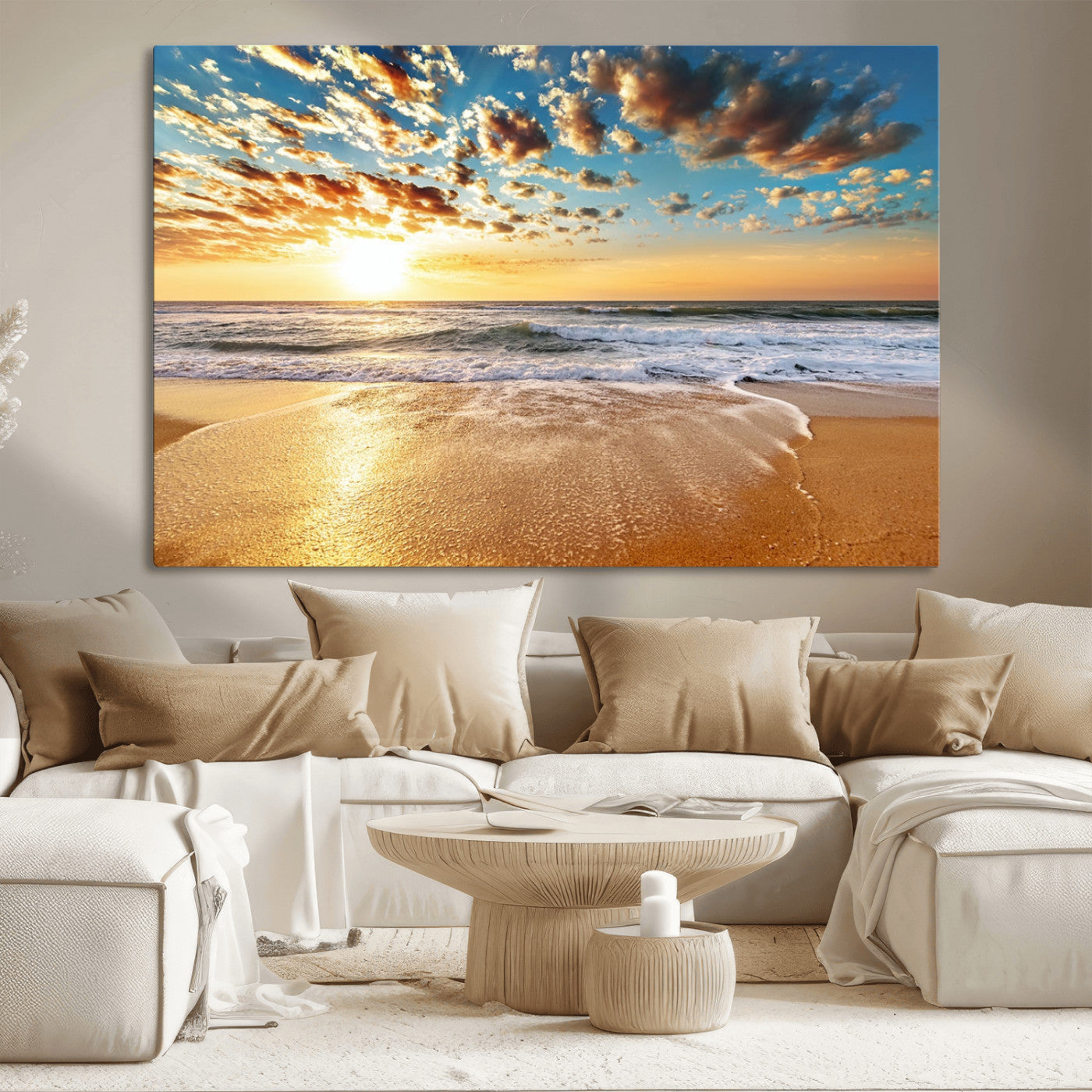 MGV-CV-36X24 - Golden Sunset Beach, Giclee Canvas Print with Canon Print Quality, Triptych Gallery Wrap