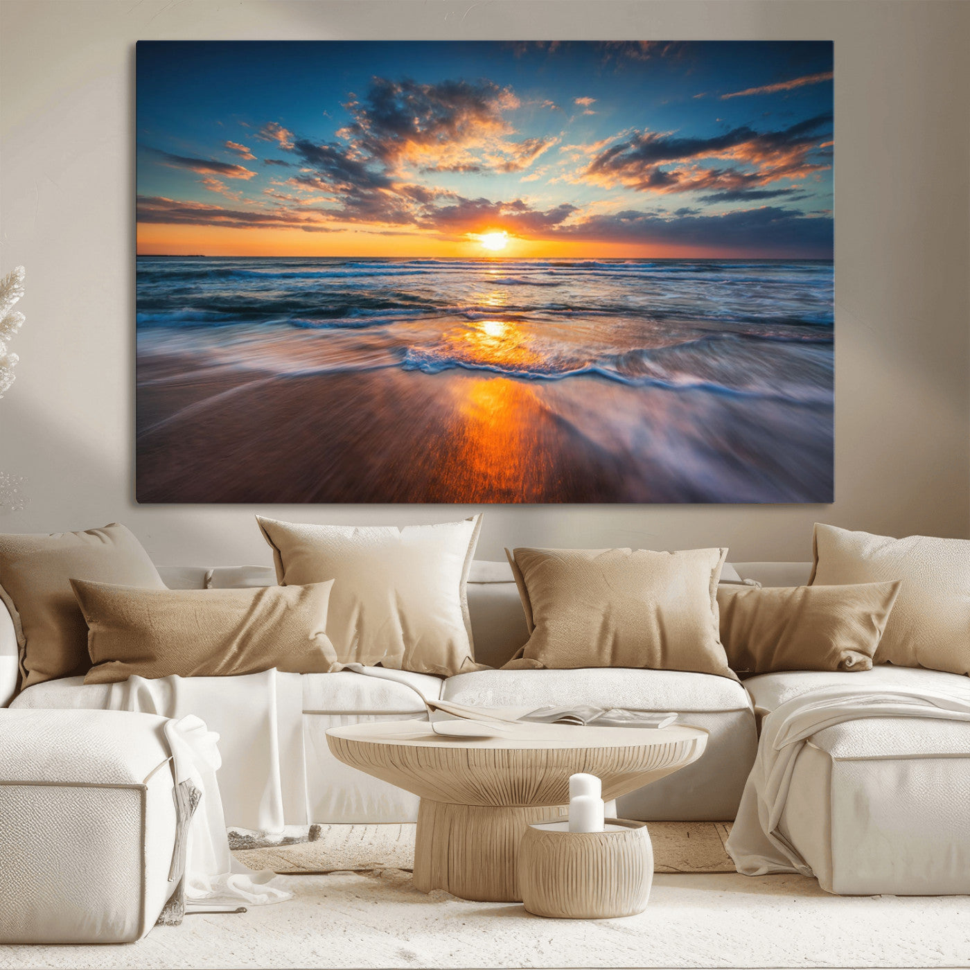 MGV-CV-36X24 - Sunset on the Ocean Beach with Waves, Reflections on Sand, Coastal Wall Art Print, Beach Wall Art, Ocean Sunset Canvas, Seascape Giclee Canvas Print