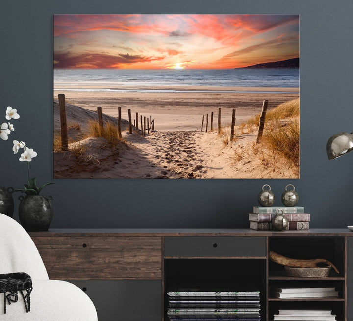 The Sunset on the Sea Wall Art Canvas Print beautifully captures a beach sunset and waves, enhanced with a UV-protective coating.