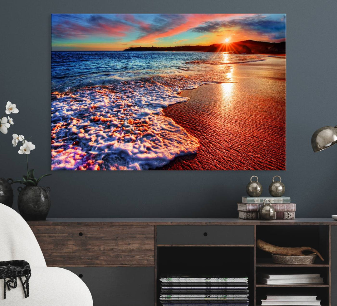 The Colorful Coastal Sunset on the Beach canvas print portrays ocean waves at dusk.