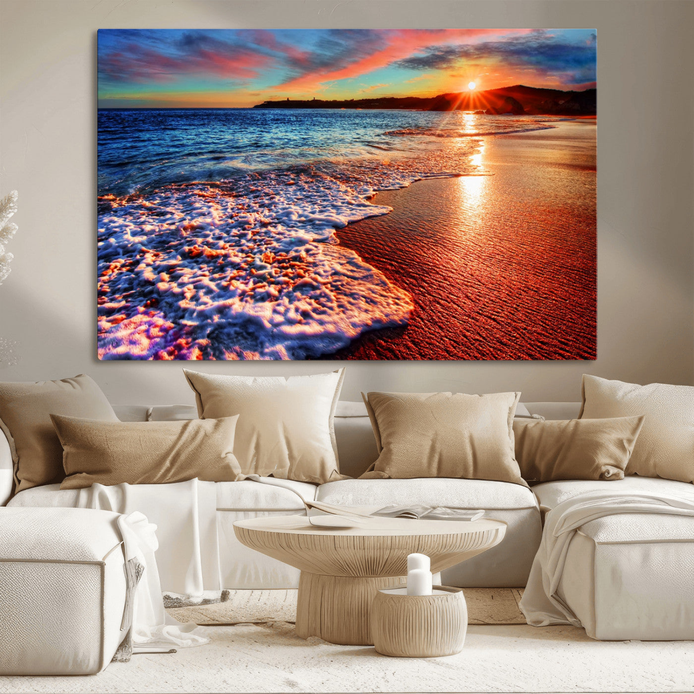 MGV-CV-36X24 - Colorful Coastal Sunset on the Beach Canvas Print, Ocean Waves Crashing at Dusk, Multi-Panel Seascape Vibrant Coastal Wall Art Canvas Print
